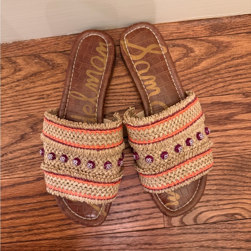 Sam Edelman Tan Raffia Slide Sandals with Coral and Purple Trim